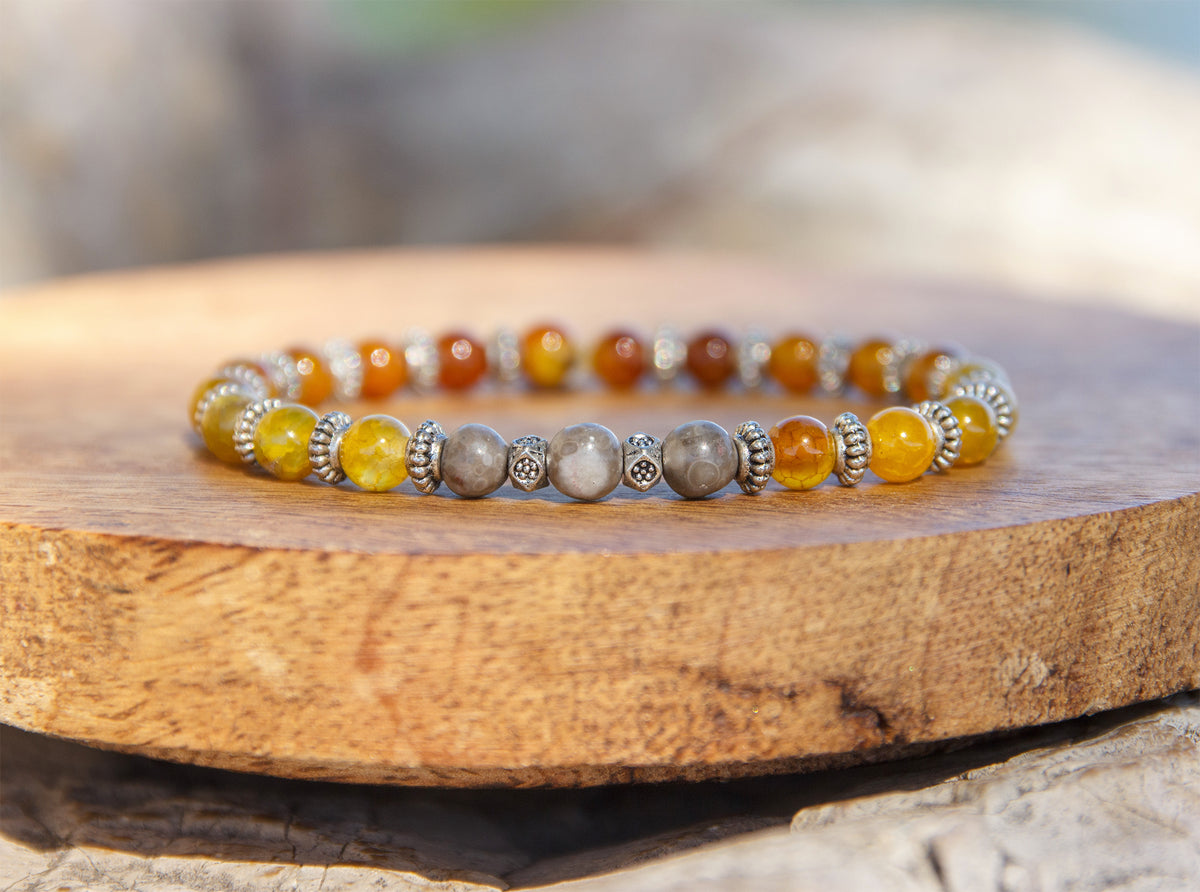 Bracelet Agate Jaune et Fossile Fait Main, Pièce Unique