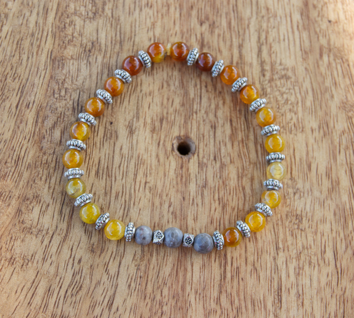 Bracelet Agate Jaune et Fossile Fait Main, Pièce Unique