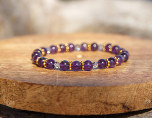 Bracelet Femme Améthyste 6mm, Laiton Doré & Perles Verre