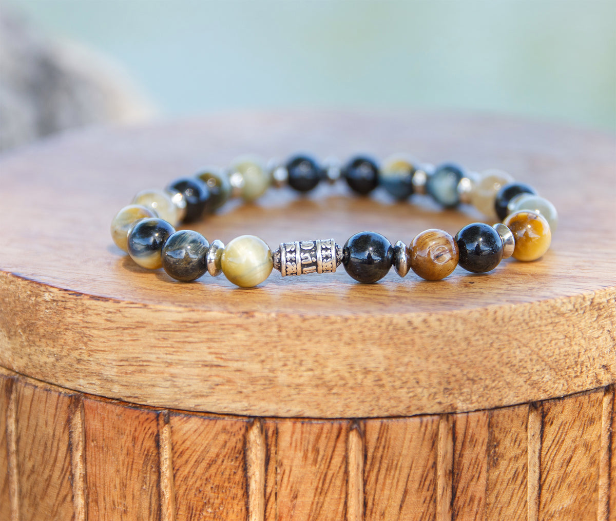 Bracelet Homme Œil de Tigre Jaune & Obsidienne, Perle Argent 925 Mantra