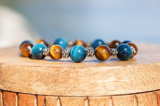 Bracelet Perles Œil de Tigre et oeil de tigre teintée bleu 10mm