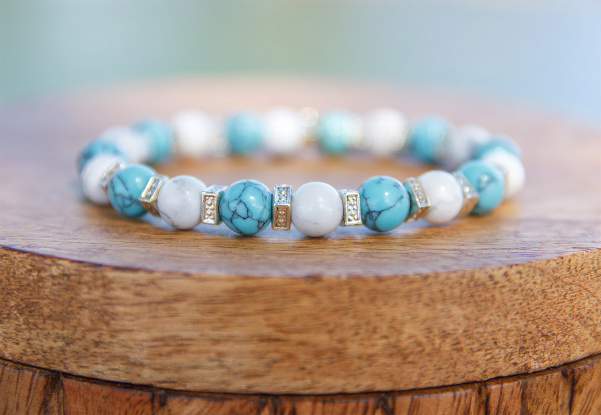 Bracelet agate blanche et howlite turquoise 8mm