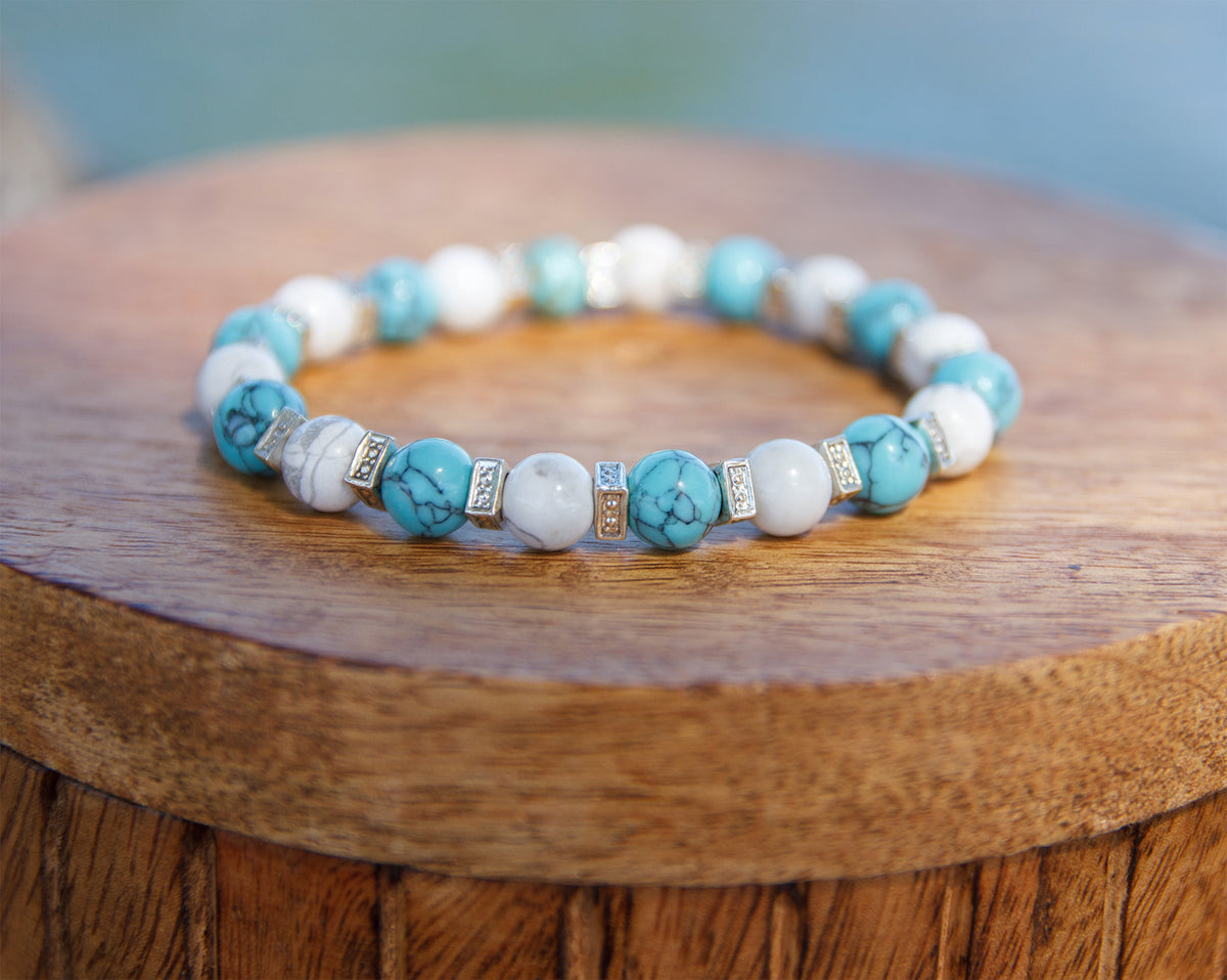 Bracelet agate blanche et howlite turquoise 8mm