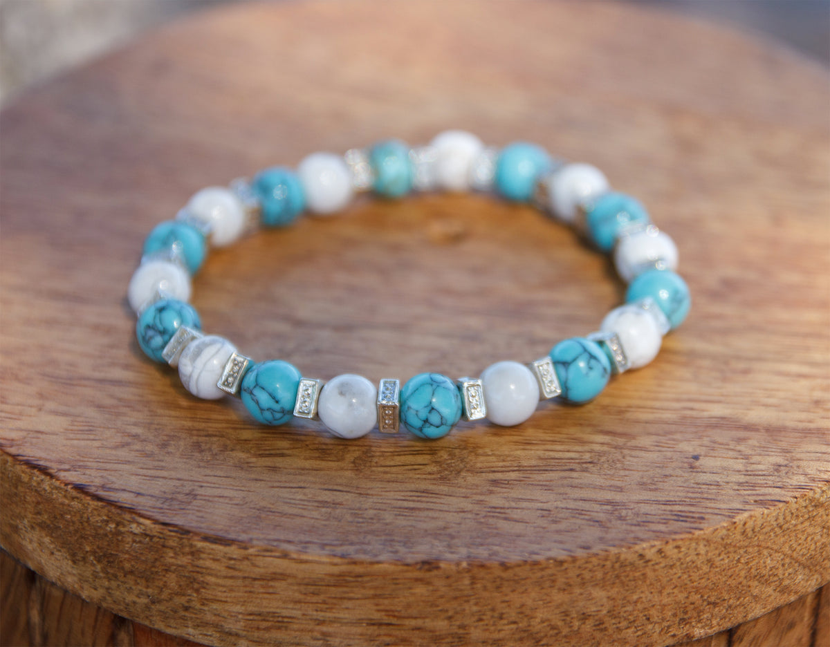Bracelet agate blanche et howlite turquoise 8mm