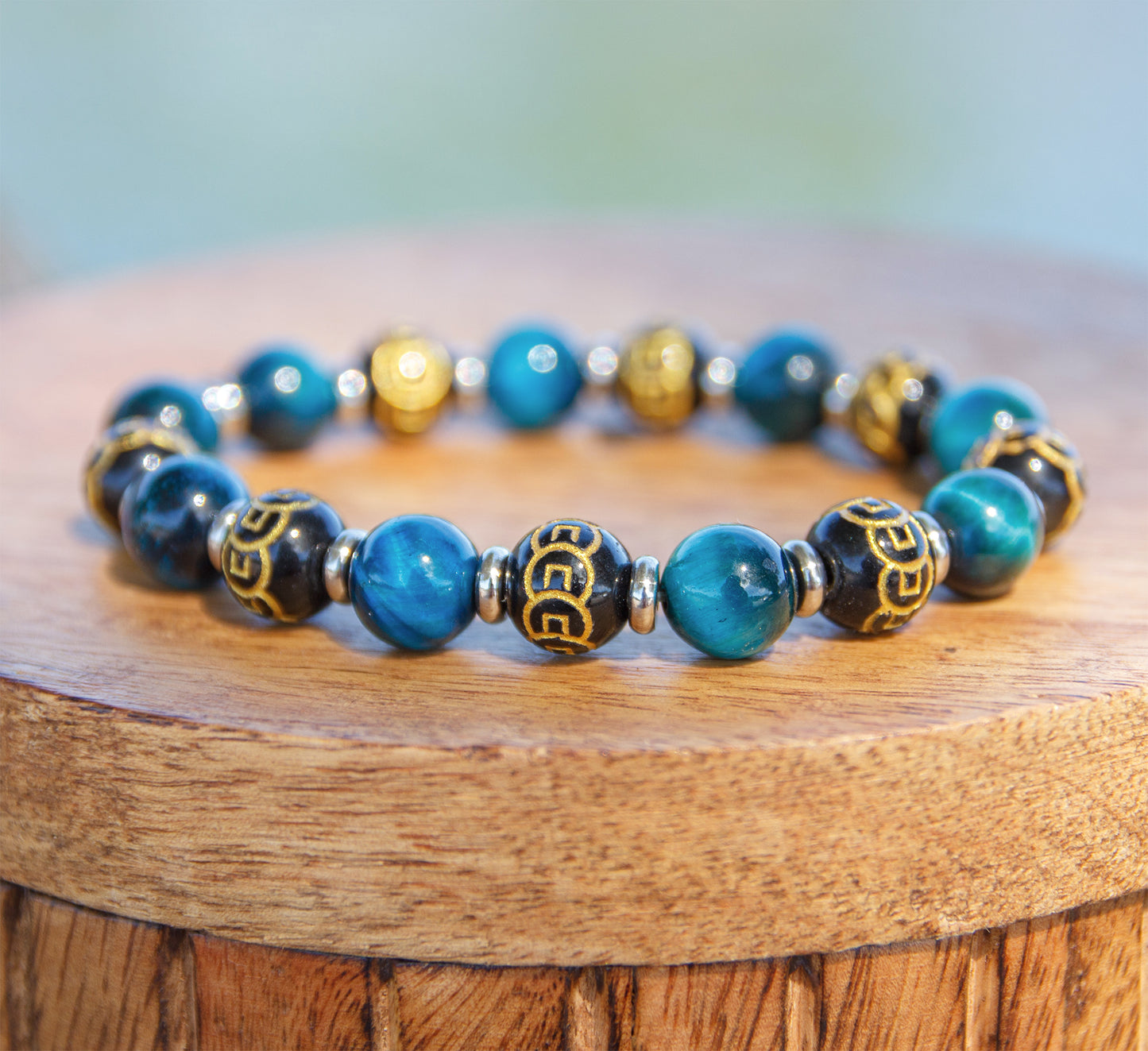 Bracelet Homme Œil de Tigre Bleu et Perles Mantra Noires 10mm  Fait Main Cannes