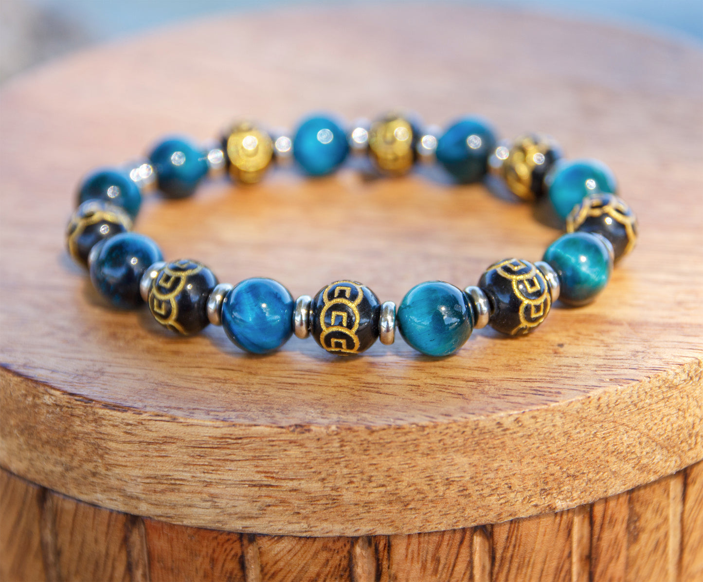 Bracelet Homme Œil de Tigre Bleu et Perles Mantra Noires 10mm  Fait Main Cannes