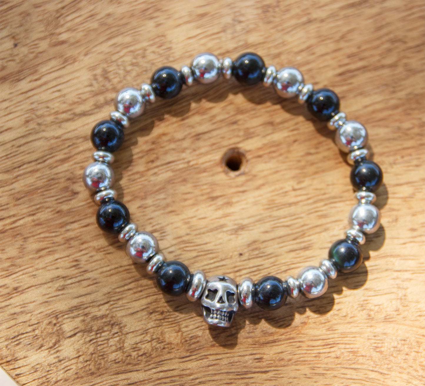 Bracelet Homme Skull Obsidienne et Hématite Argentée 8mm – Fait Main Cannes