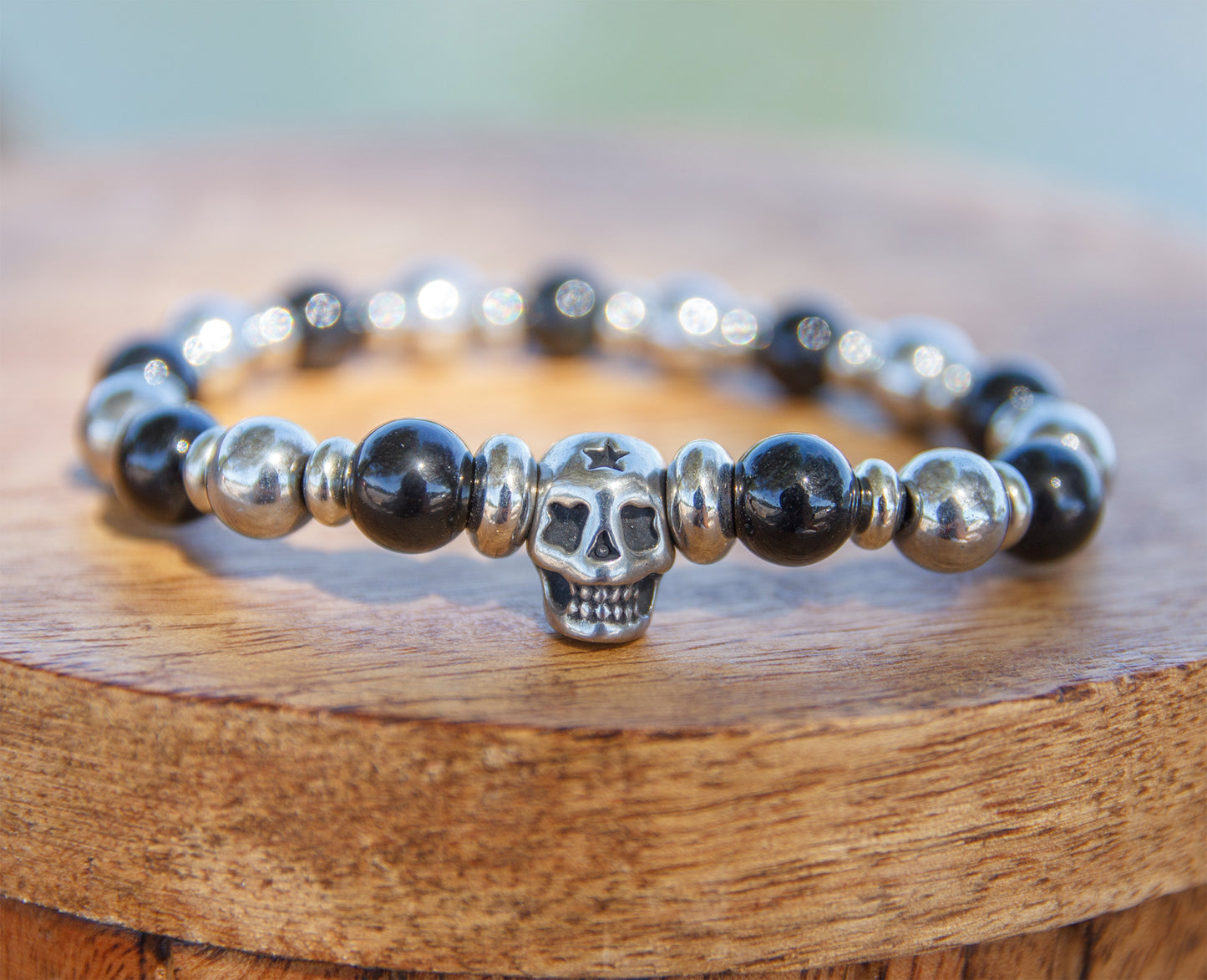 Bracelet Homme Skull Obsidienne et Hématite Argentée 8mm – Fait Main Cannes