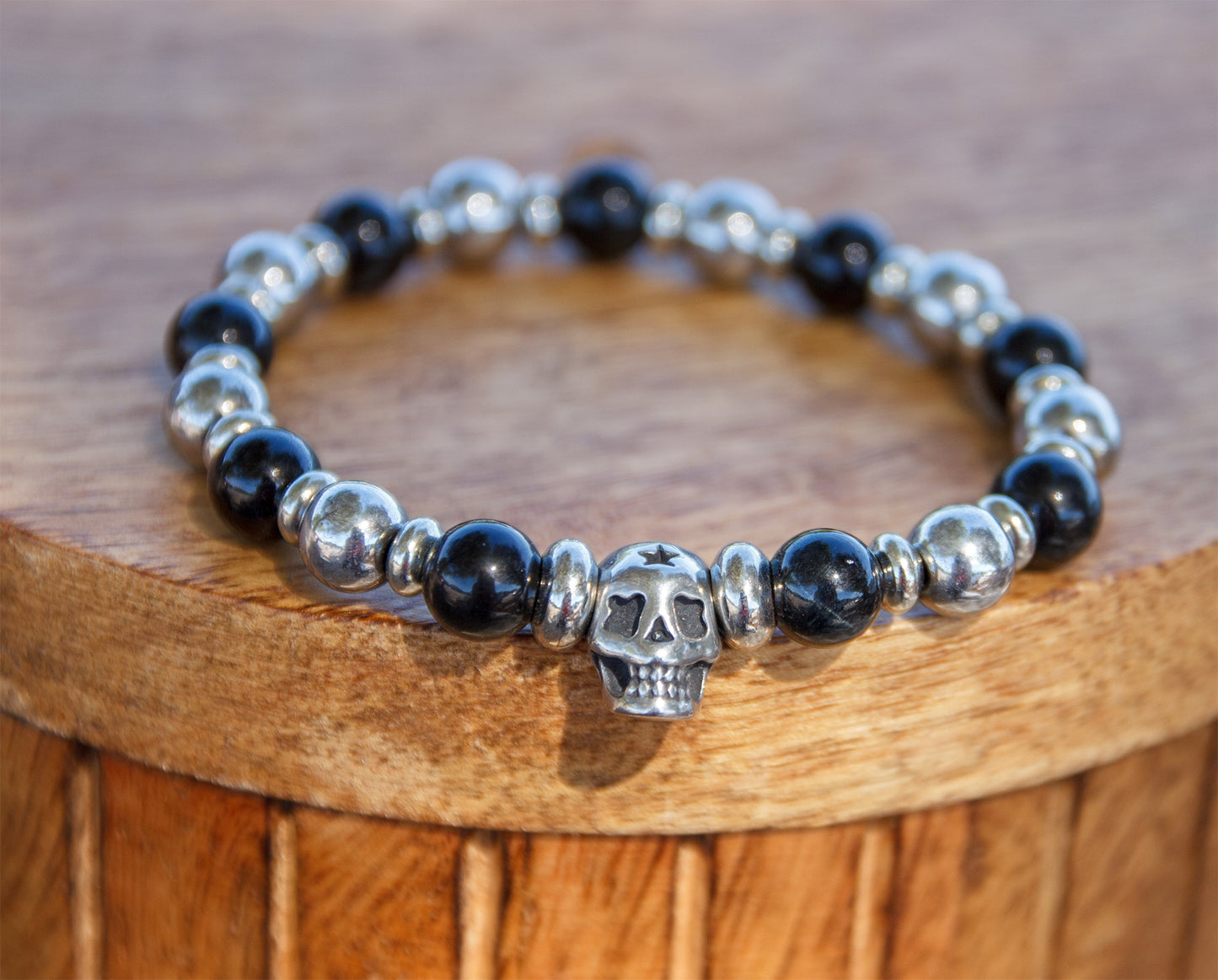 Bracelet Homme Skull Obsidienne et Hématite Argentée 8mm – Fait Main Cannes