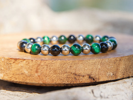 Bracelet perles oeil de tigre teintée verte et hematite argenté duo 8 mm