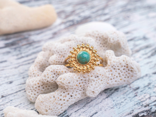 Bague réglable soleil en acier inox doré – Cabochon amazonite ou turquoise