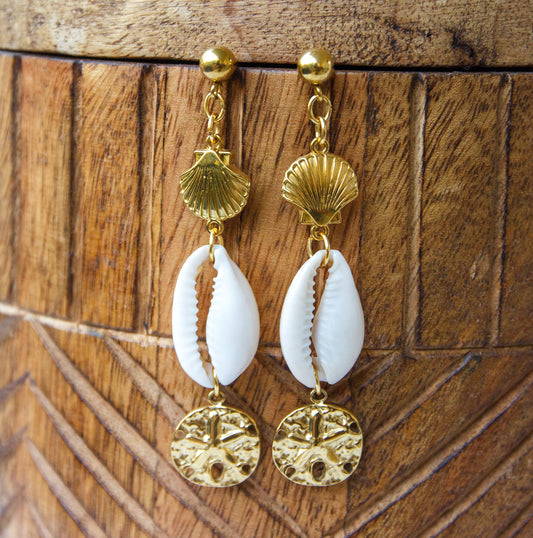 Boucles d’oreilles pendantes bohèmes cauris &  sand dollar