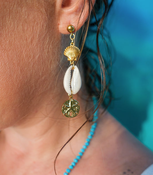 Boucles d’oreilles pendantes bohèmes cauris &  sand dollar