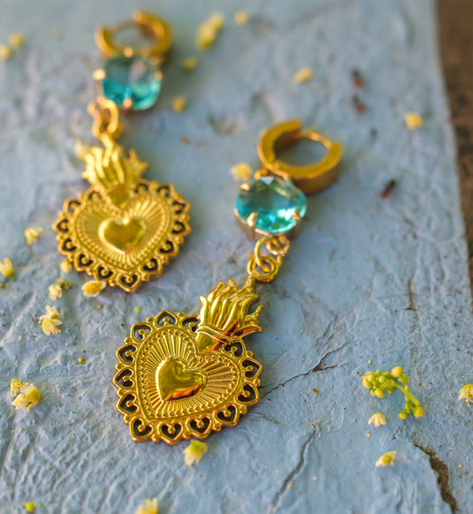 Boucles d’oreilles ex voto coeur et verre turquoise