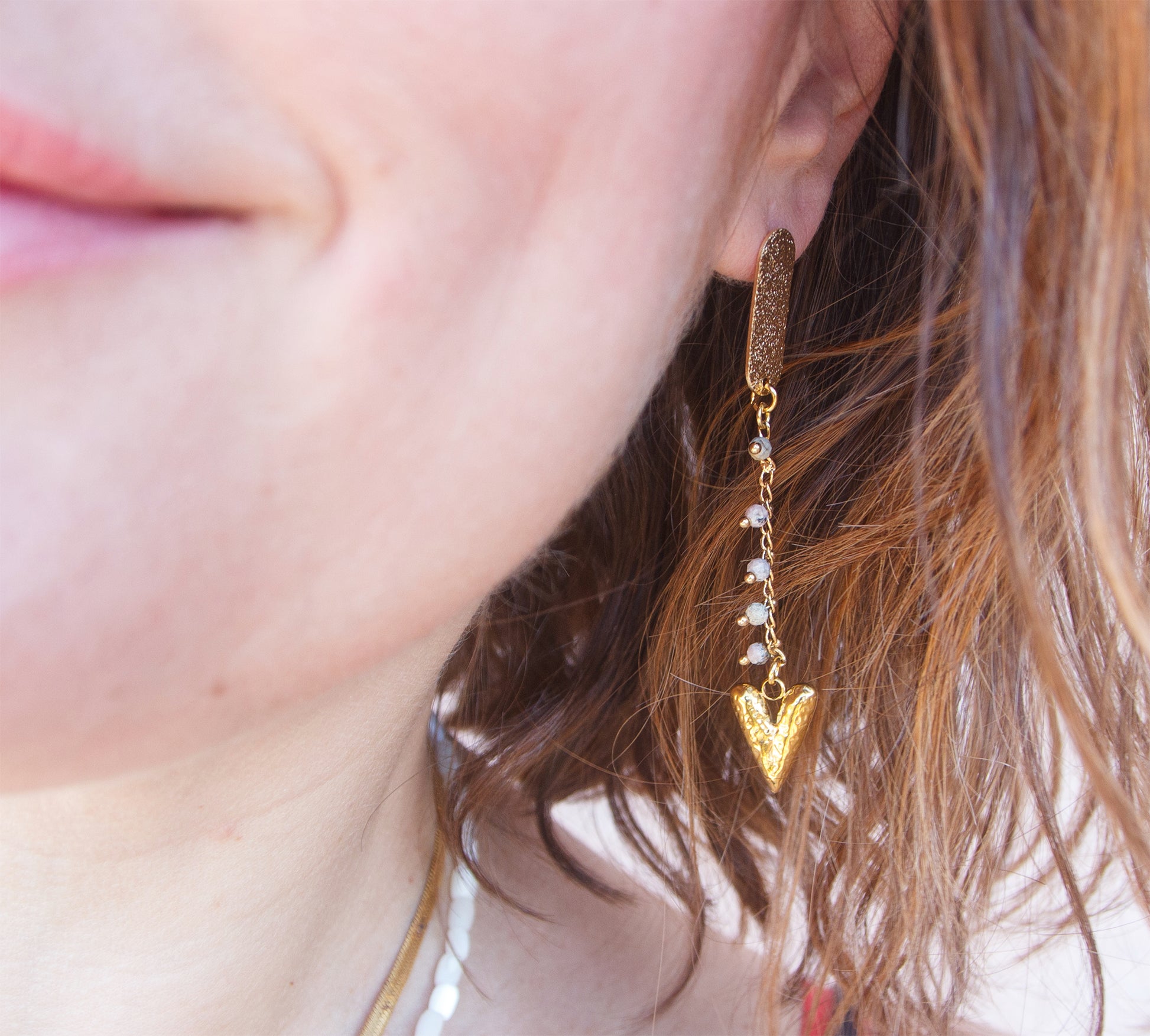 Boucles d'Oreilles Pendantes chaine rosaire et coeur ex voto - caurisandco