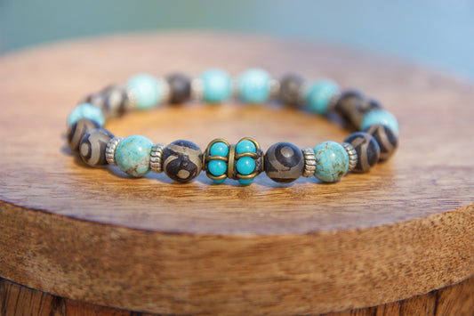 Bracelet Agate Antique du Tibet & Howlite Turquoise