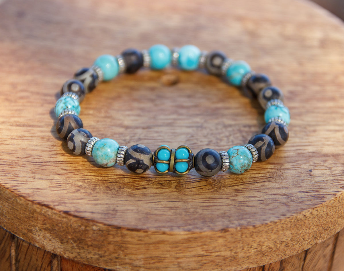 Bracelet Agate Antique du Tibet & Howlite Turquoise