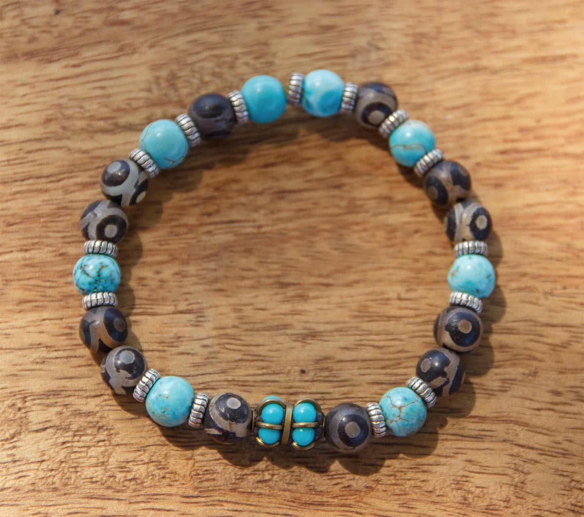Bracelet Agate Antique du Tibet & Howlite Turquoise