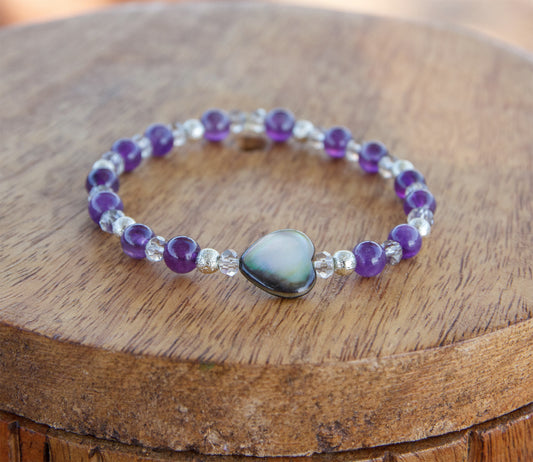 Bracelet femme cœur en nacre et améthyste 6 mm - caurisandco