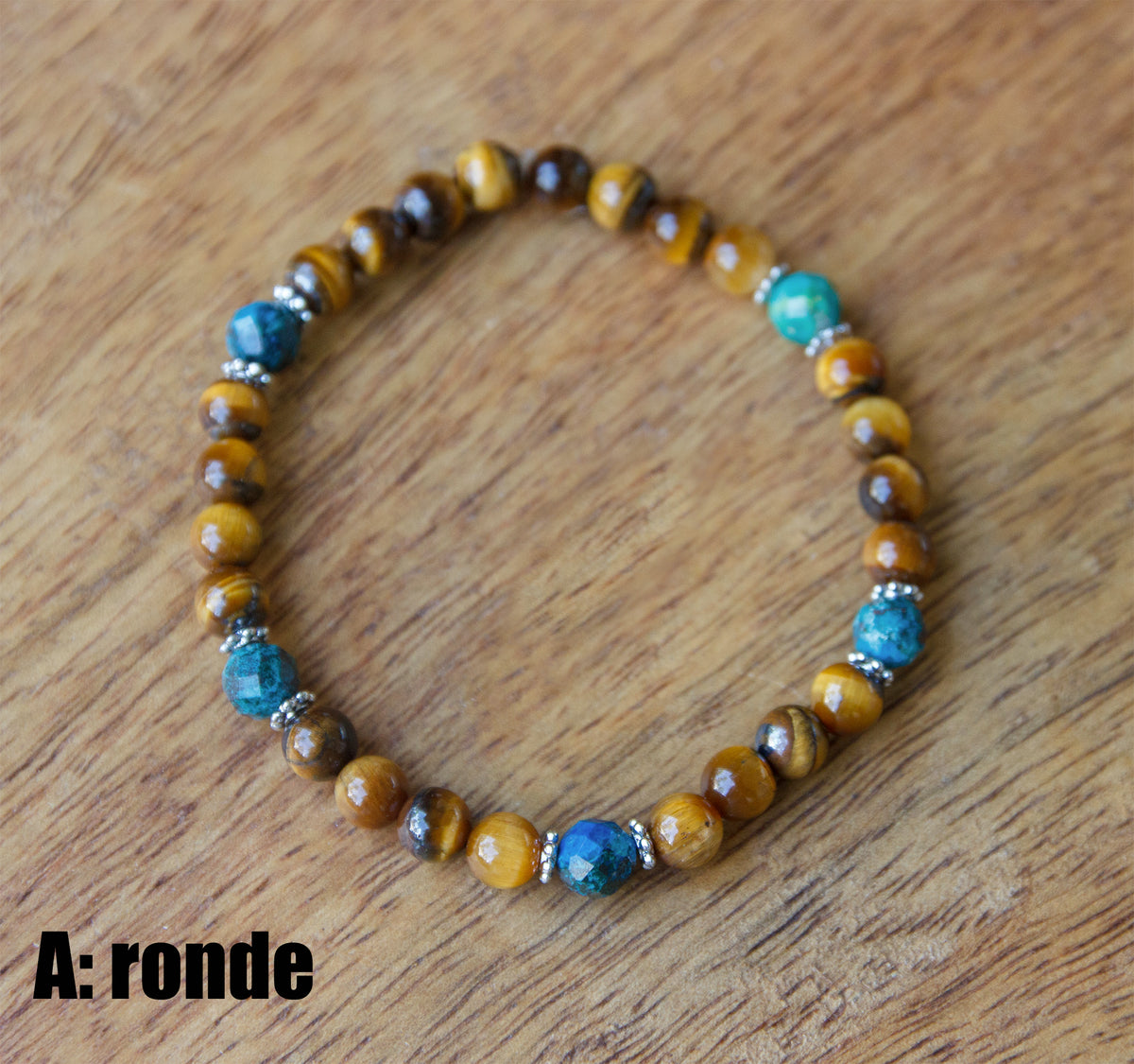 Bracelet femme perles oeil de tigre 6 mm et chrysocolle - caurisandco
