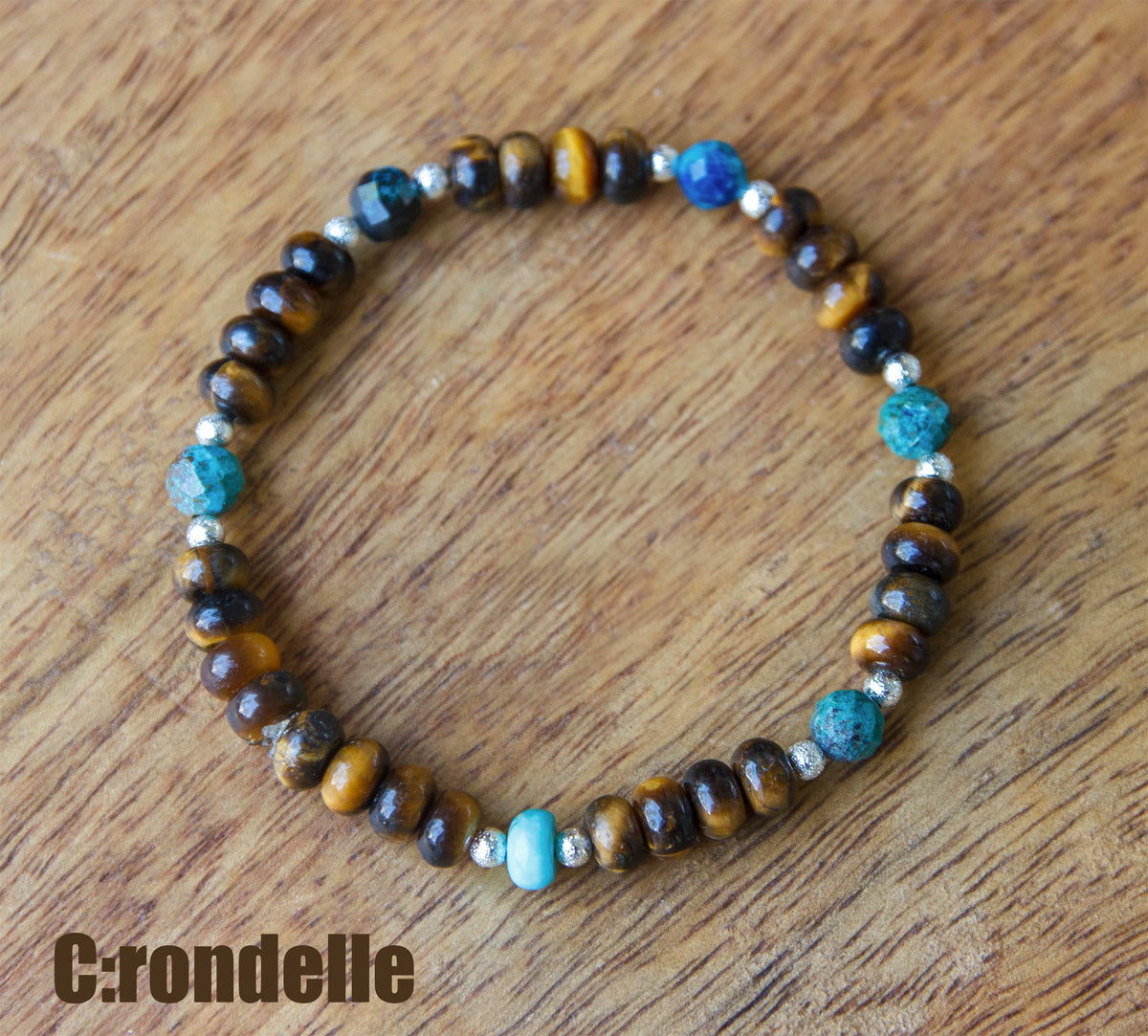 Bracelet femme perles oeil de tigre 6 mm et chrysocolle - caurisandco