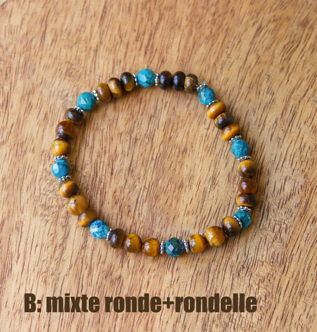 Bracelet femme perles oeil de tigre 6 mm et chrysocolle - caurisandco