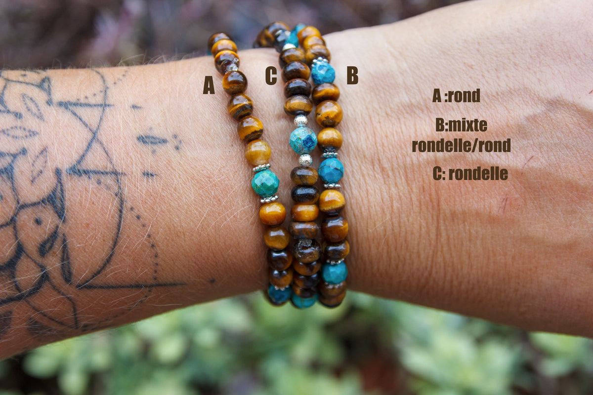 Bracelet femme perles oeil de tigre 6 mm et chrysocolle - caurisandco