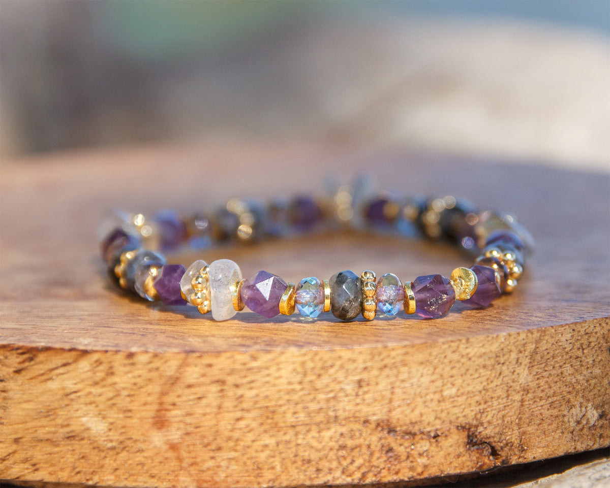 Bracelet Femme Améthyste & Labradorite, Perles Verre