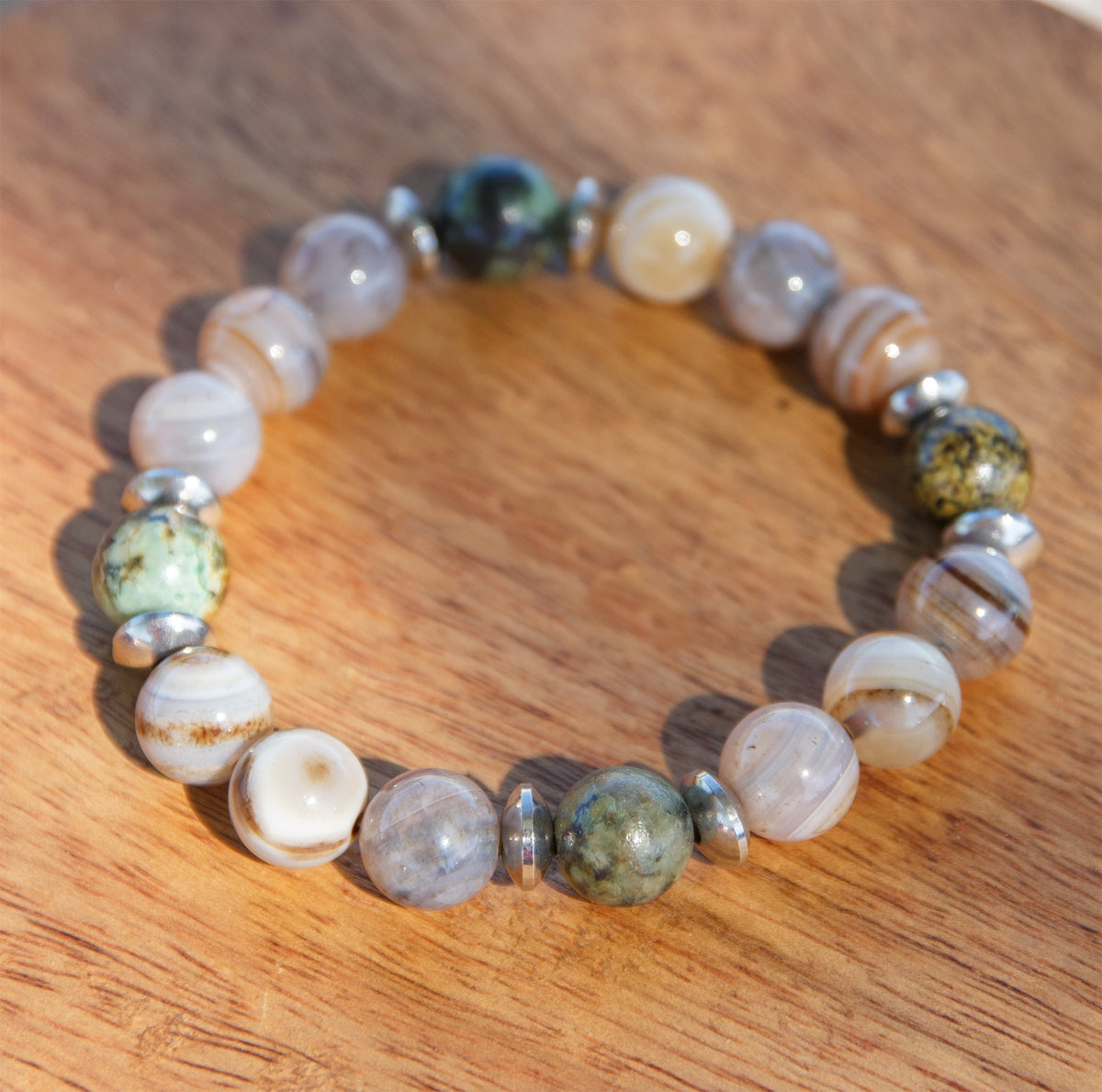bracelet homme agate du Botswana et turquoise d'afrique 10mm