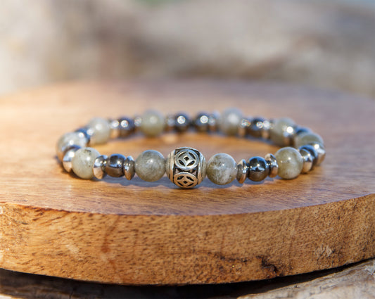 Bracelet Homme Labradorite & Hématite 8mm  Fait Main  Cauris & Co