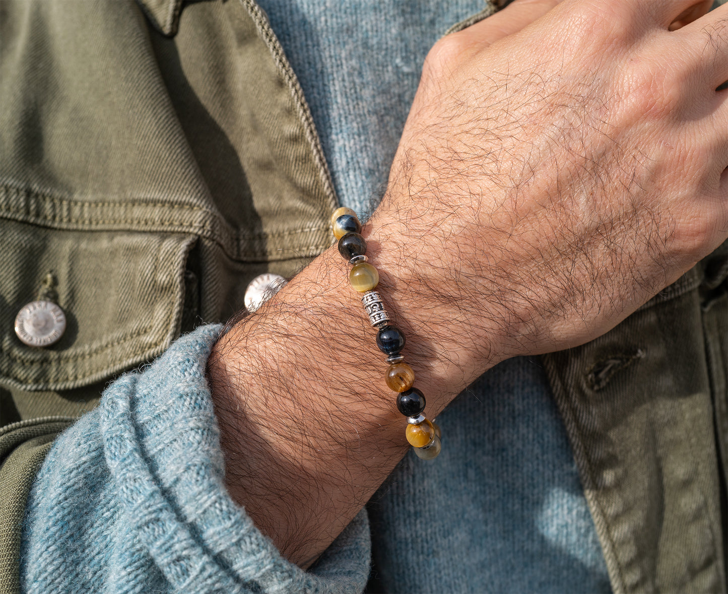 bracelet perles homme oeil de tigre jaune et obsidienne perle en argent 8mm