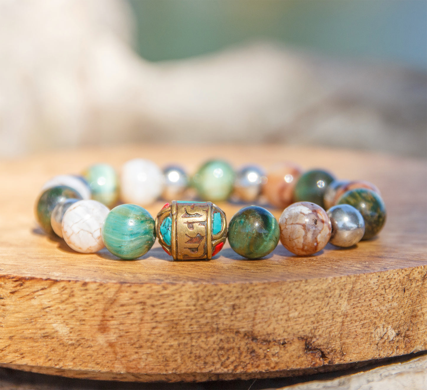Bracelet Homme Œil de Tigre Bleu, Agate et Perle Cuivre Mantra 10mm  Fait Main Cannes