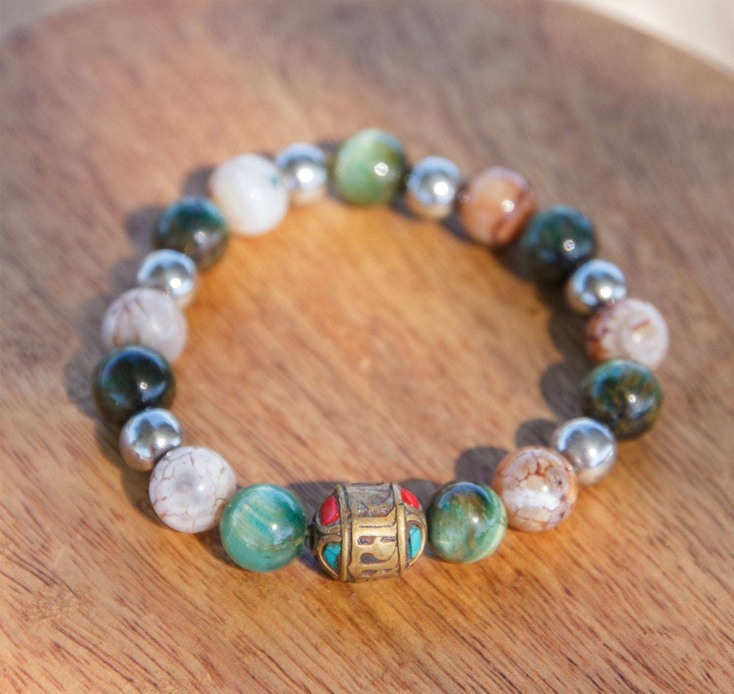 Bracelet Homme Œil de Tigre Bleu, Agate et Perle Cuivre Mantra 10mm  Fait Main Cannes