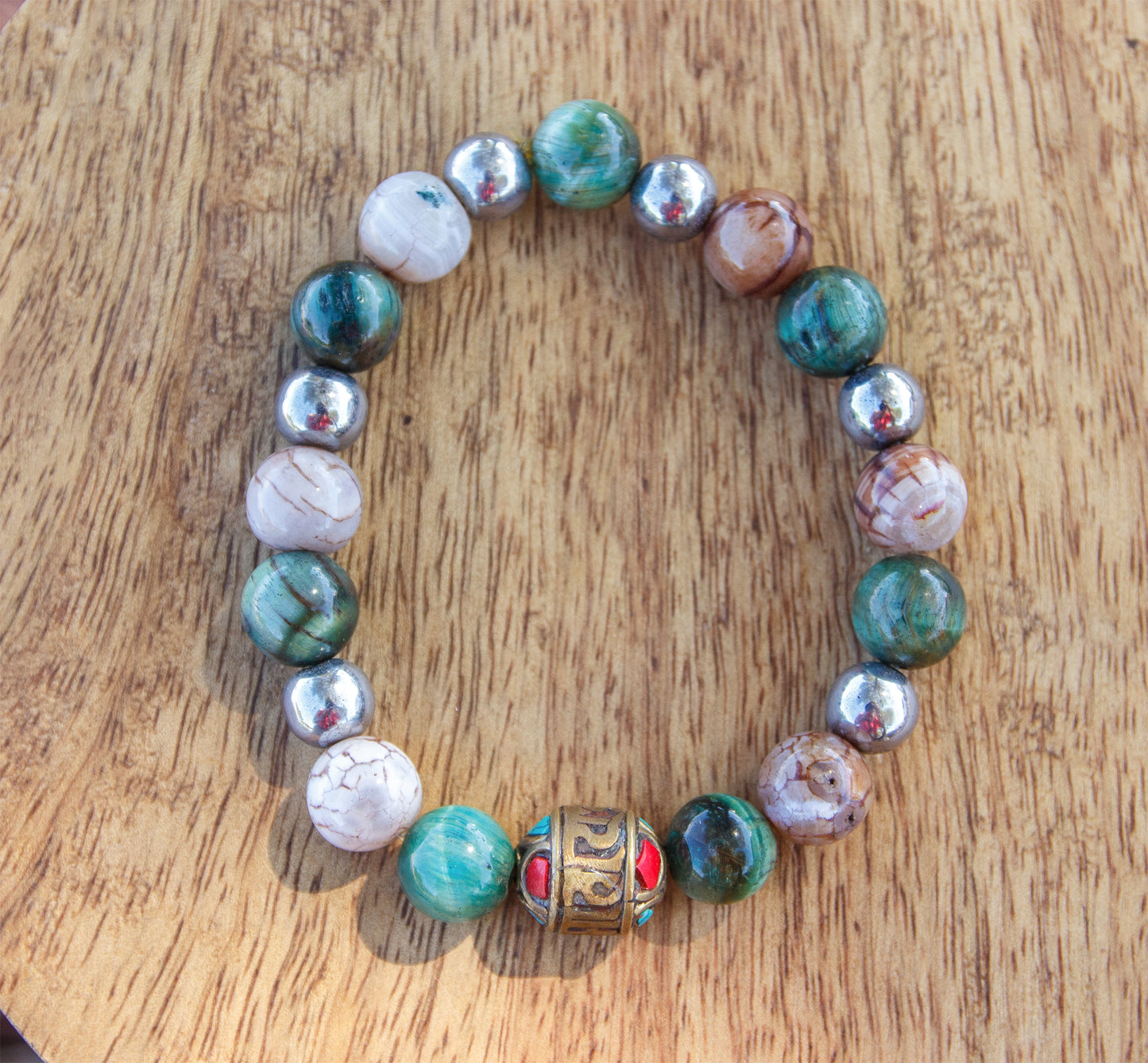 Bracelet Homme Œil de Tigre Bleu, Agate et Perle Cuivre Mantra 10mm  Fait Main Cannes
