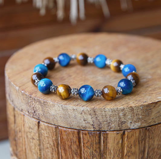 Bracelet Perles Œil de Tigre et oeil de tigre teintée bleu intercalaire large 10mm - caurisandco