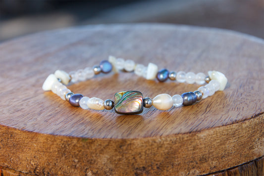 Bracelet perle 4 mm abalone et pierre de lune - caurisandco