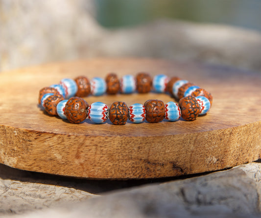 Bracelet Rudraksha & Perles Chevrons Turquoise  Inspiration Tibétaine Cauris & Co