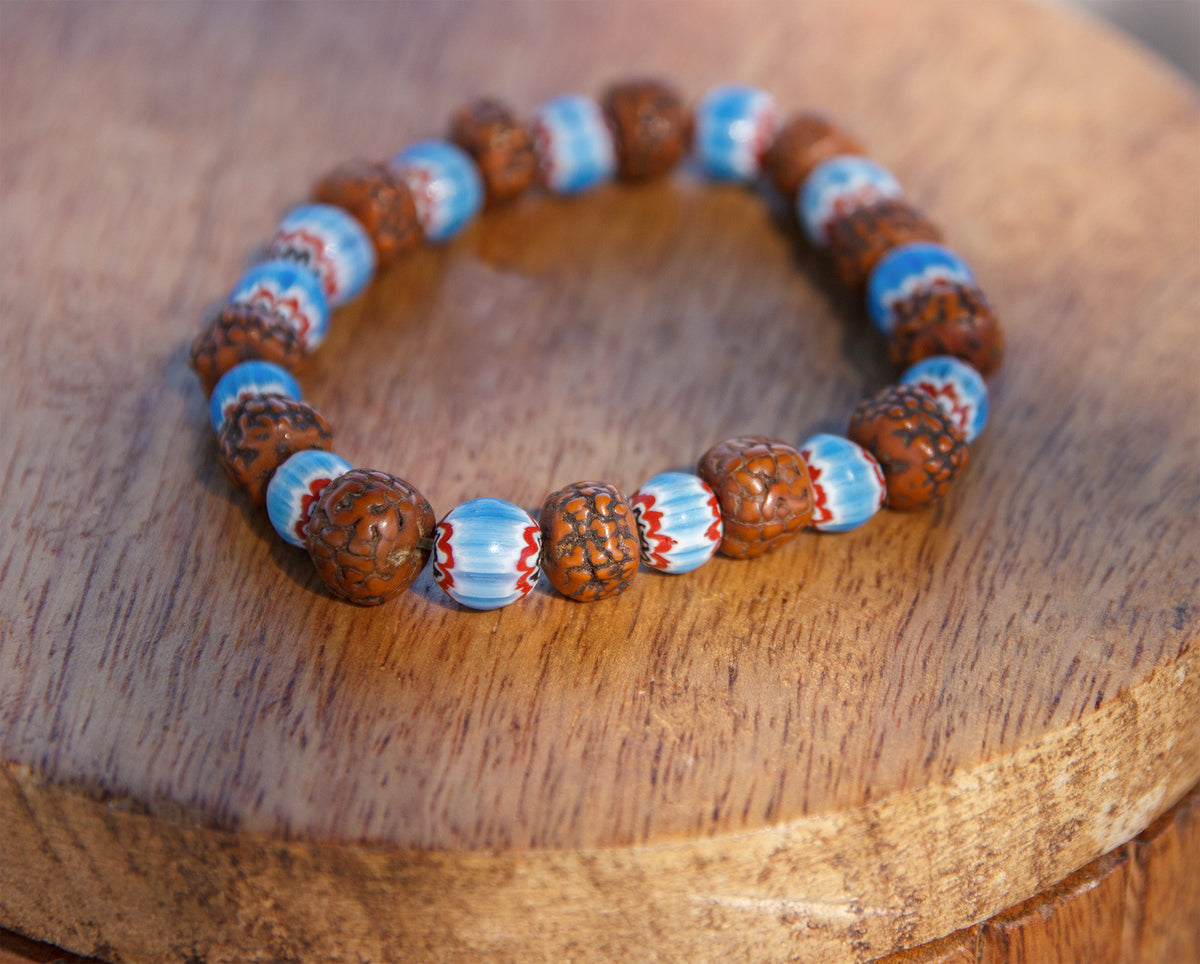 Bracelet Rudraksha & Perles Chevrons Turquoise  Inspiration Tibétaine Cauris & Co