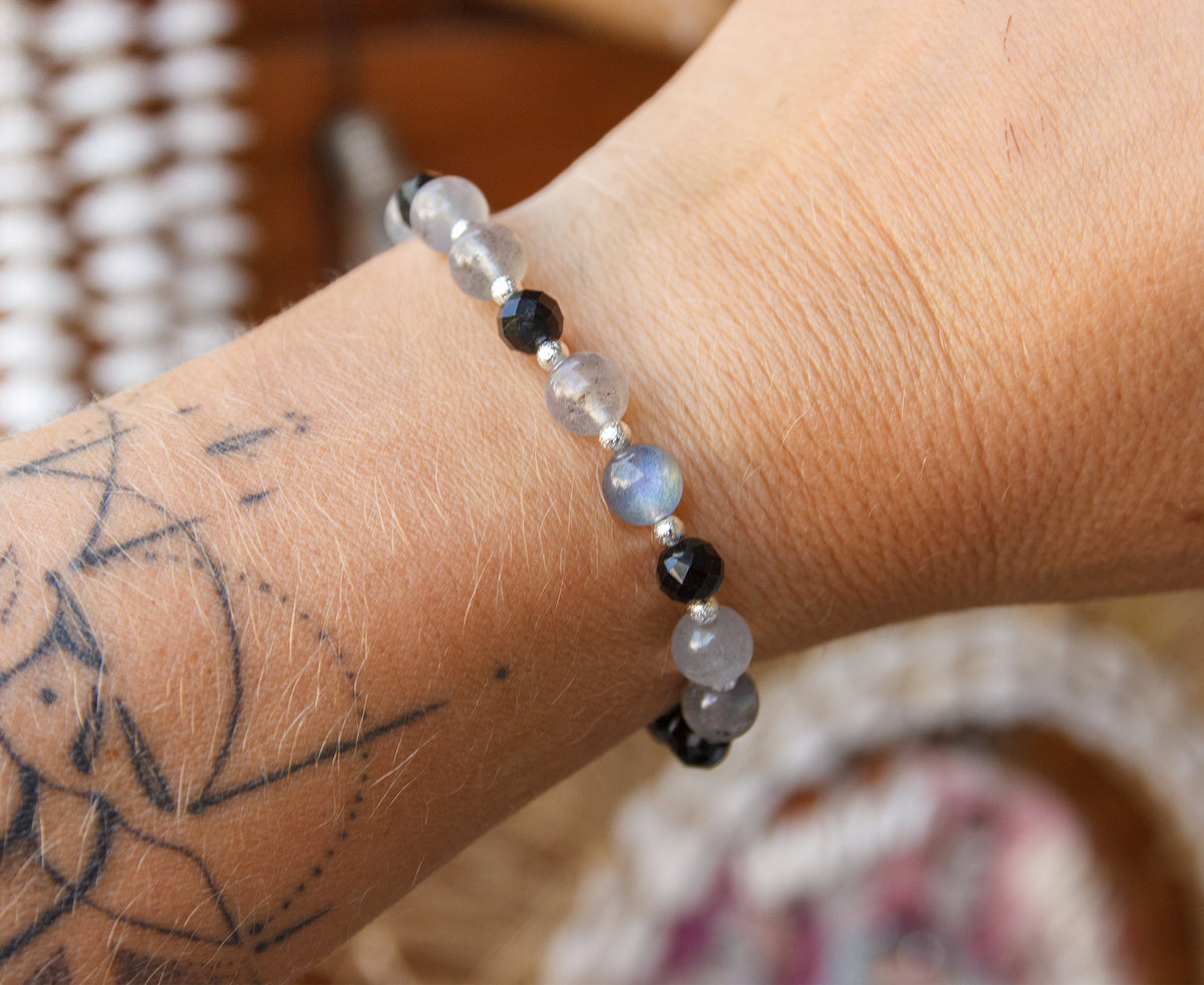 Bracelet femme perles labradorite et onyx facettées