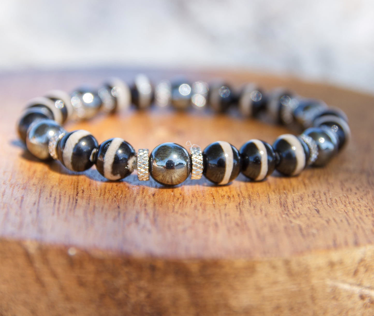 Bracelet Homme Perles Agate Noire et Hématite 8mm Fait Main Cannes