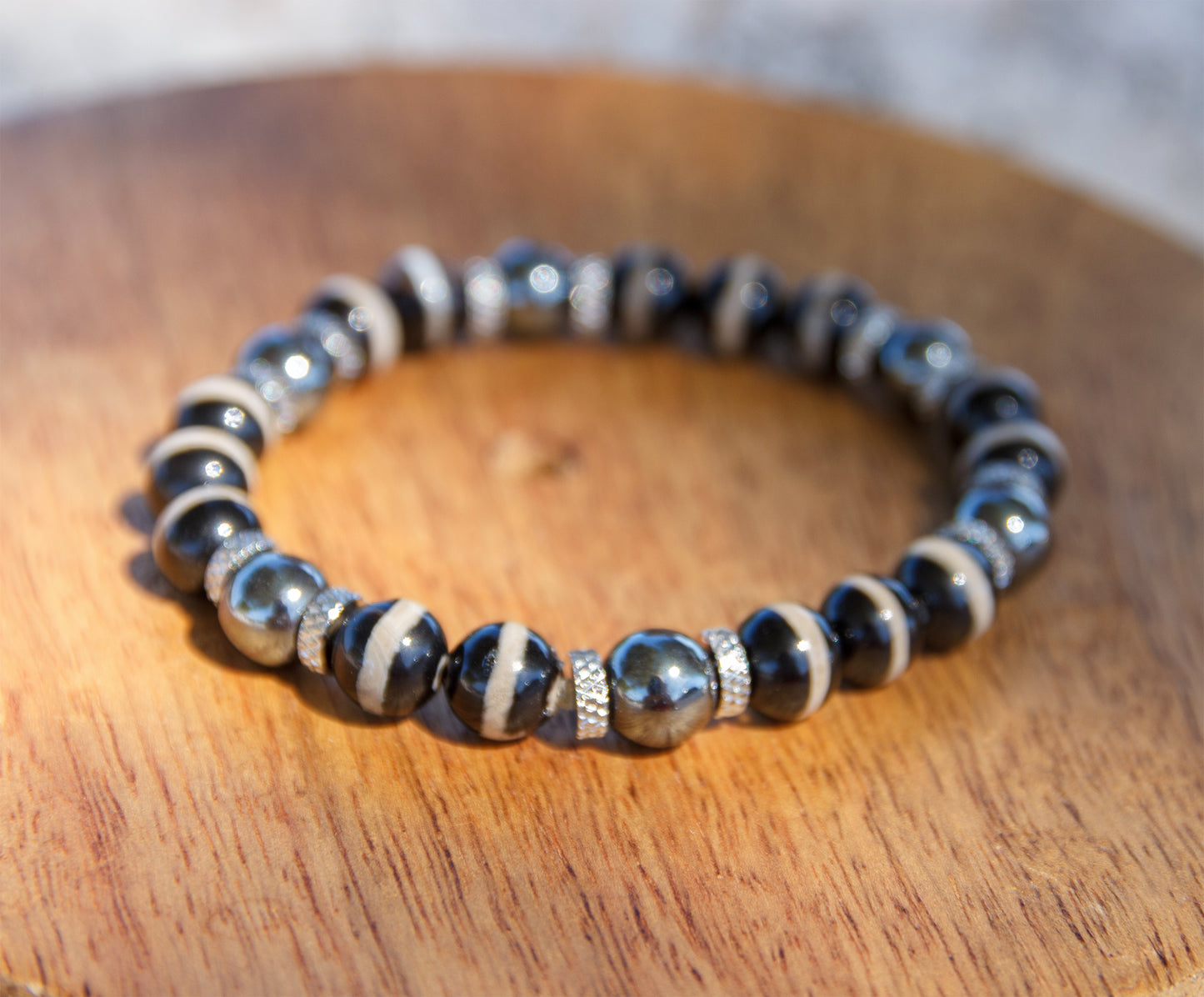 Bracelet Homme Perles Agate Noire et Hématite 8mm Fait Main Cannes