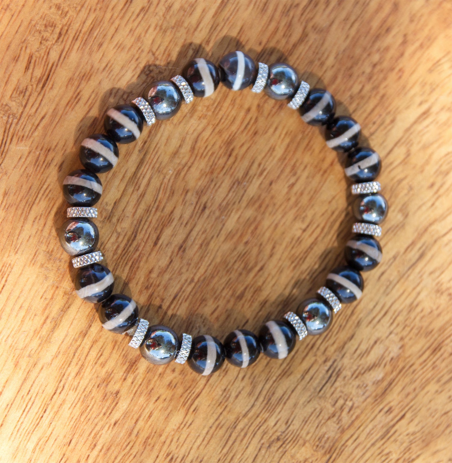 Bracelet Homme Perles Agate Noire et Hématite 8mm Fait Main Cannes