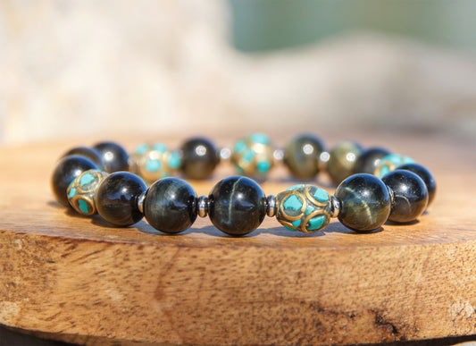 bracelet perles homme obsidienne et perles antique du Tibet turquoise (qualité AAA)