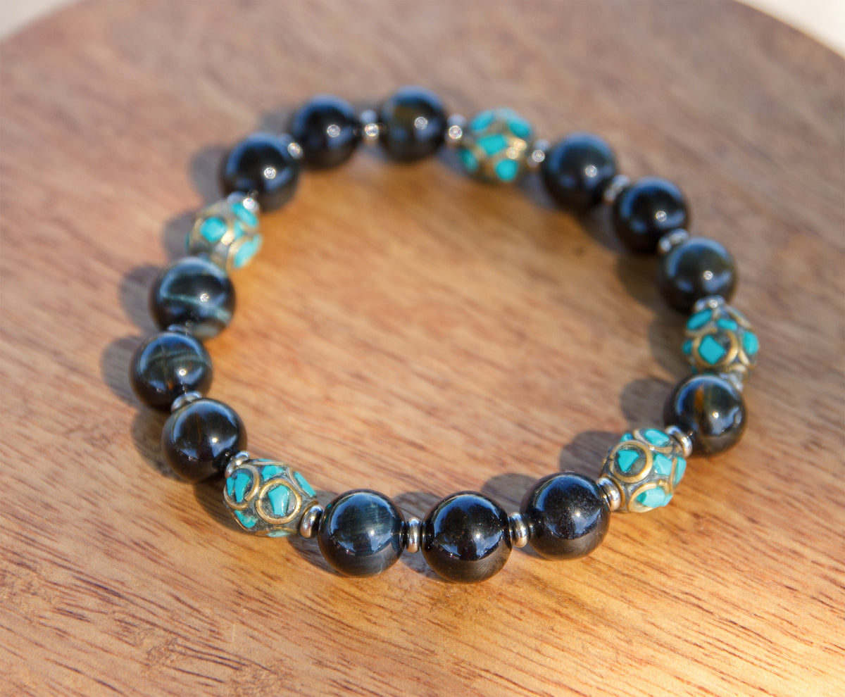 bracelet perles homme obsidienne et perles antique du Tibet turquoise (qualité AAA)