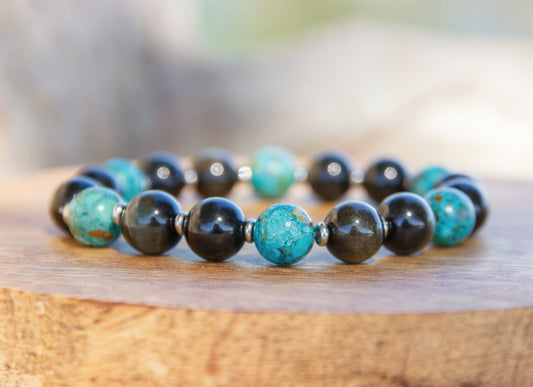 bracelet perles homme obsidienne et turquoise (qualité AAA)