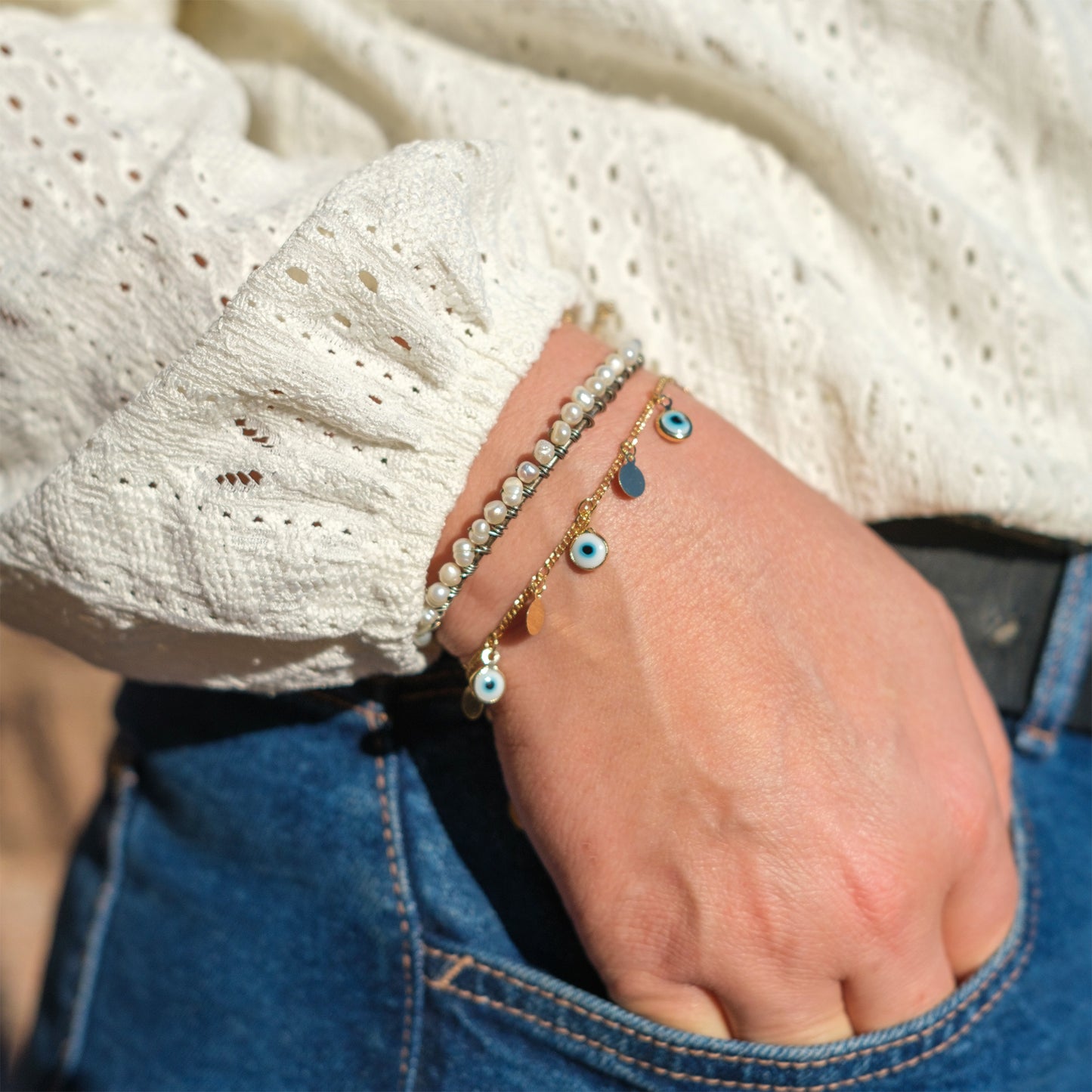 Bracelet femme chaine pampille oeil + chaine d'extension en acier inoxydable - caurisandco