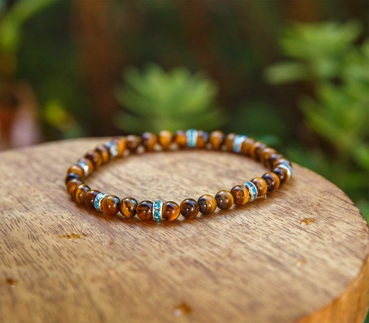 bracelet femme perles oeil de tigre 6mm et intercalaire zirconium turquoise