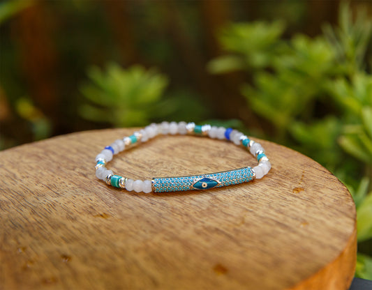 Bracelet femme perle tube mauvais œil et quartz rose