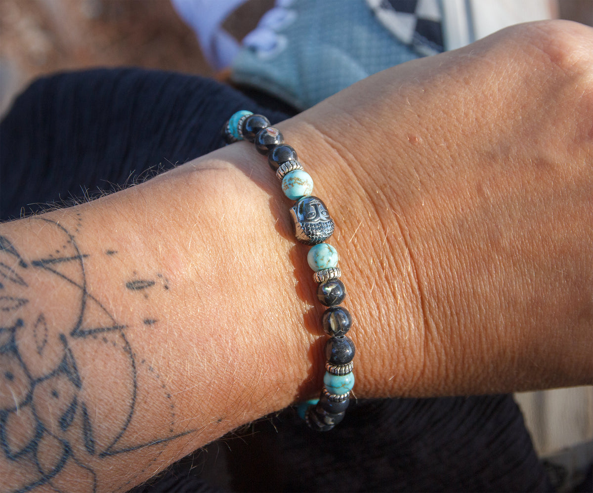 Bracelet unisexe Bouddha en hématite, noir et turquoise