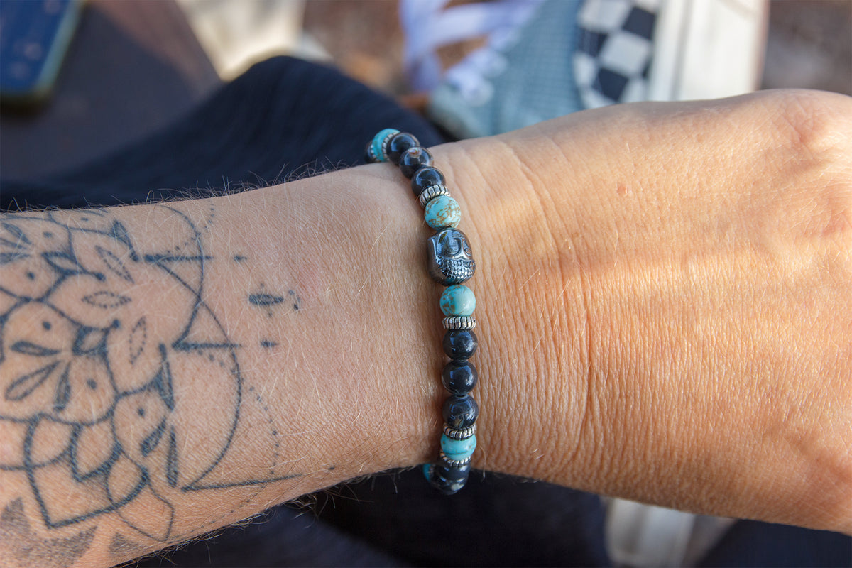 Bracelet unisexe Bouddha en hématite, noir et turquoise